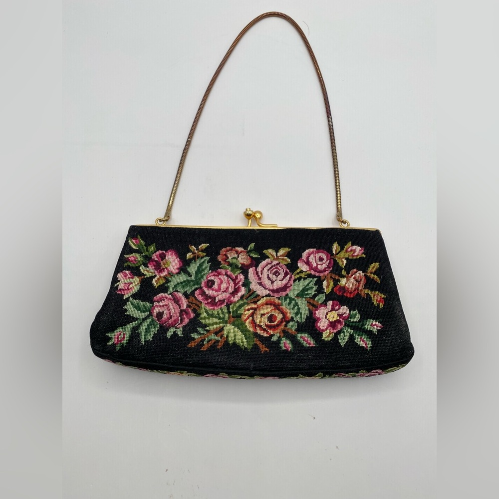 Floral Needlepoint Evening Clutch in Black with Pink Roses Vintage